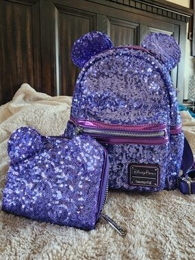 Loungefly Disney Parks Purple Sequin Mouse-Ear Mini Backpack and Wallet Set